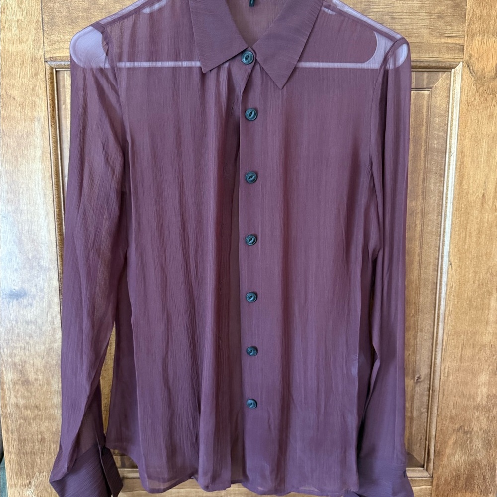 rag & bone Sheer Long-Sleeve Button-Up Blouse in Burgundy